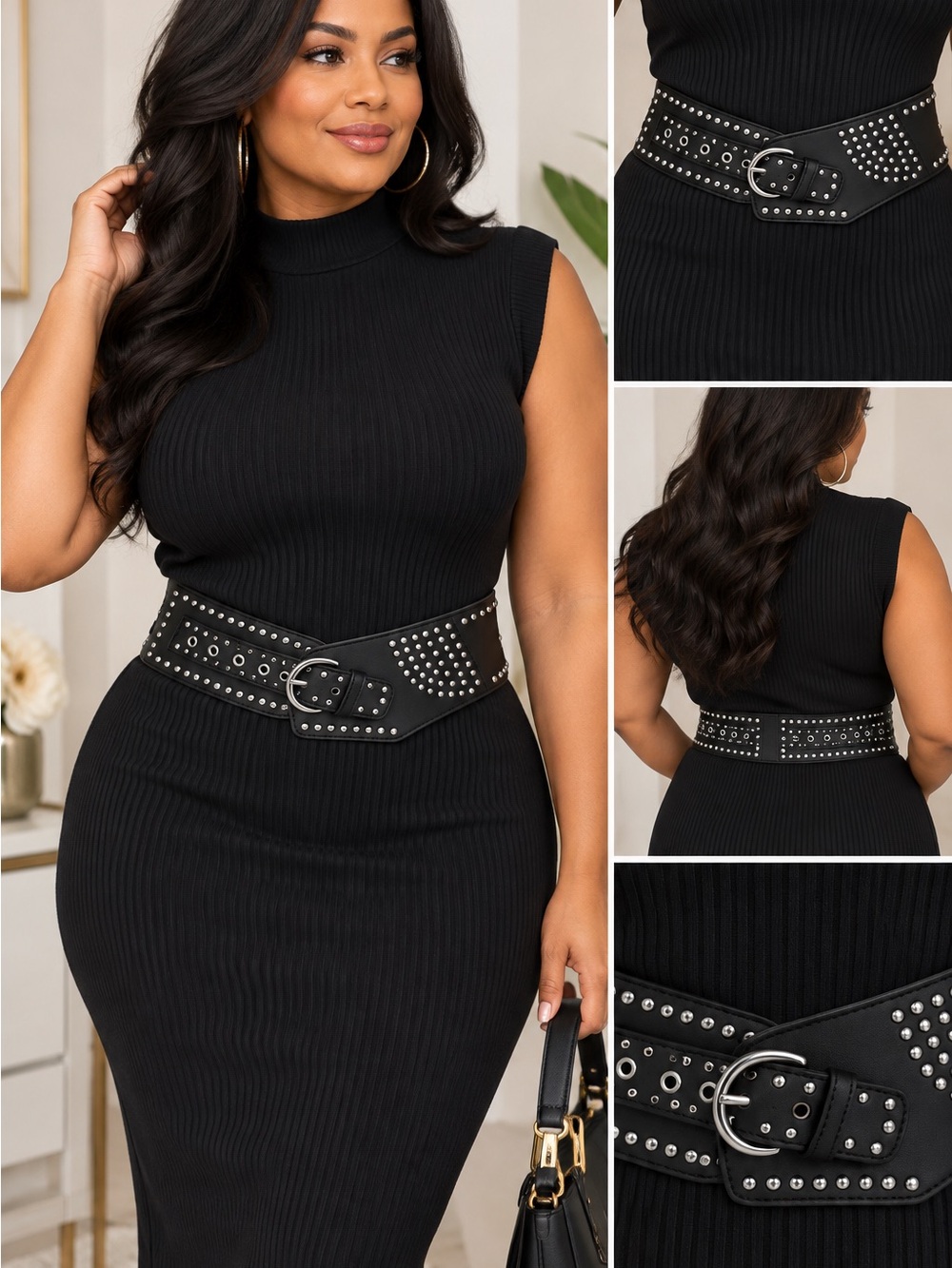 Studded Black Waist Belt - Fashionable Women's Accessory
